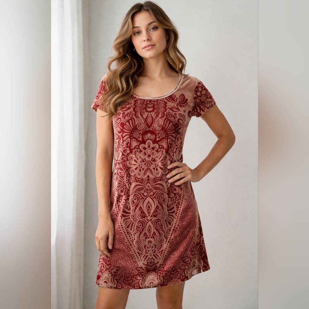 Lucky Brand Holly Hock Velvet Dress Boho Mandala  Size S